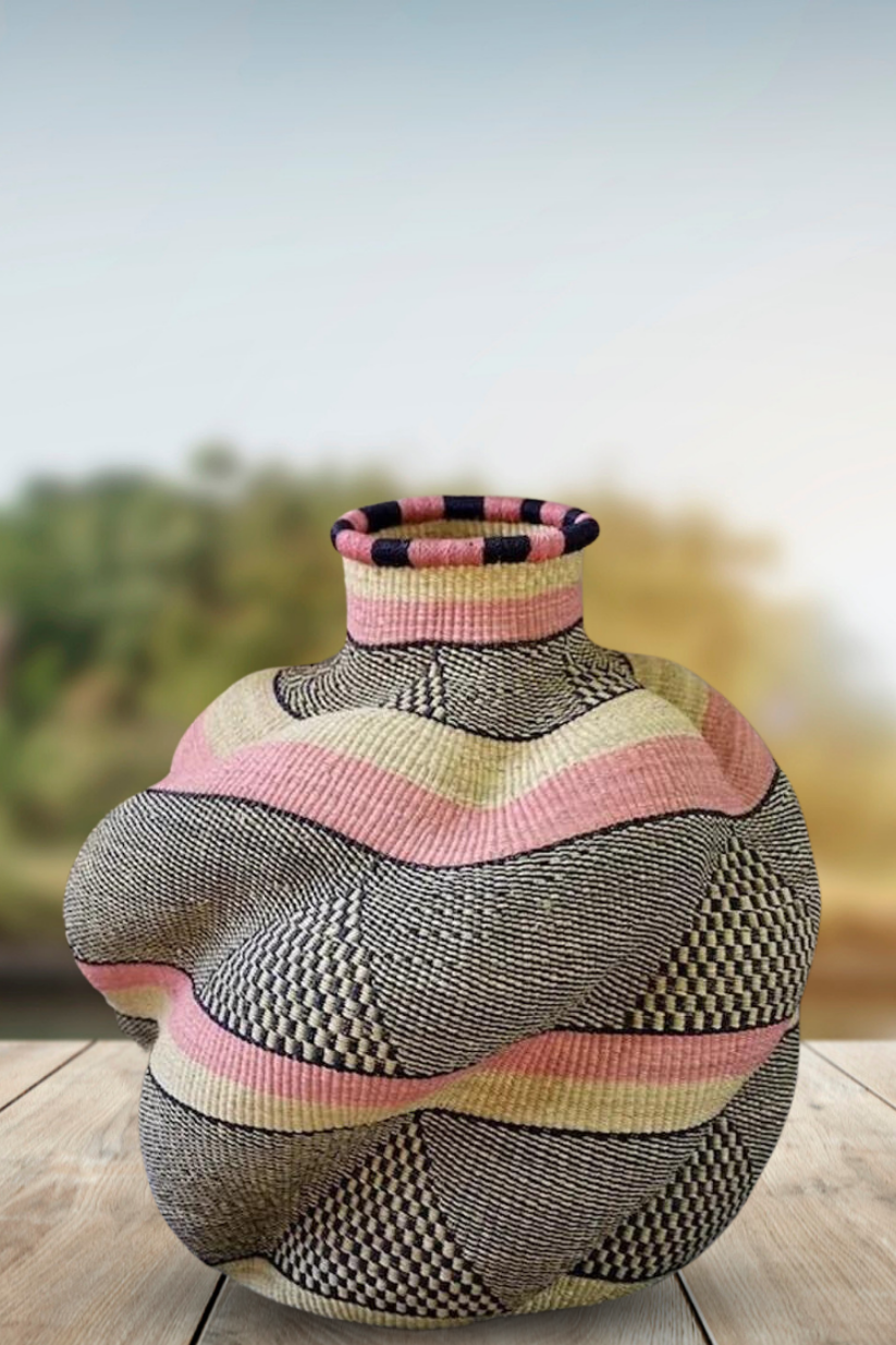 Large twist weave Tribal Ghana Basket in Beige and Baby Pink