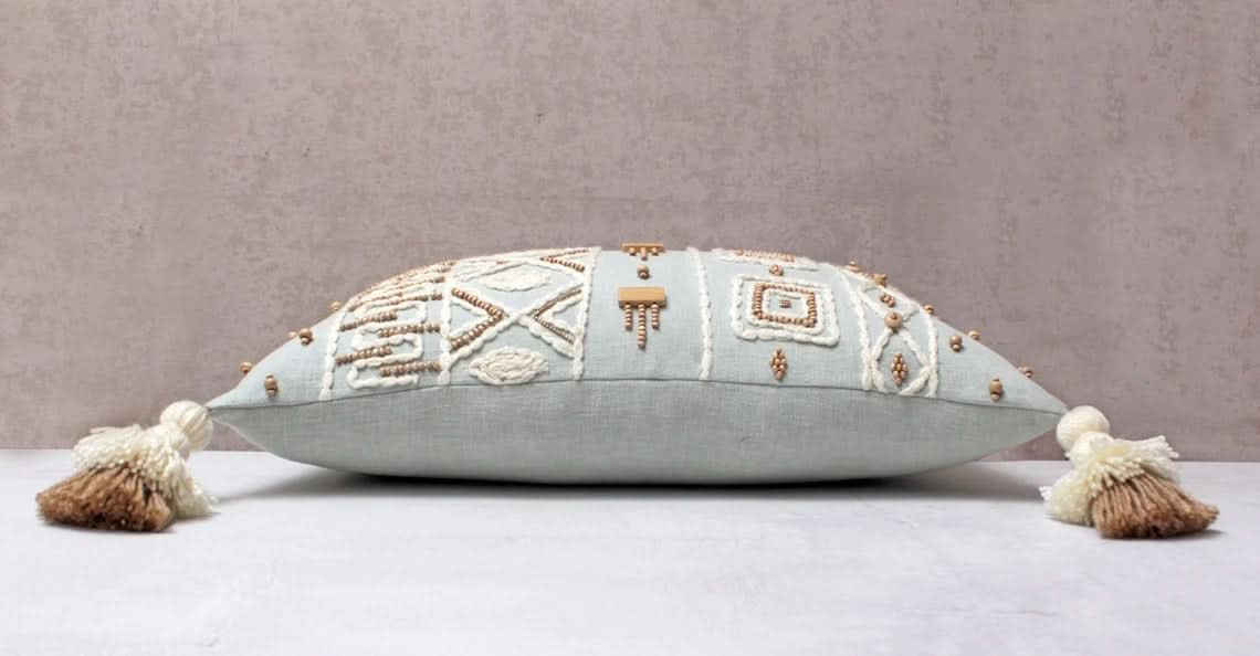 Hand Embroidered Bohemian Light Blue Lumbar Pillow