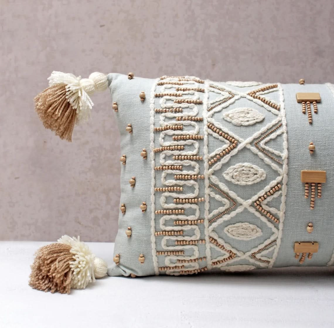 Hand Embroidered Bohemian Light Blue Lumbar Pillow
