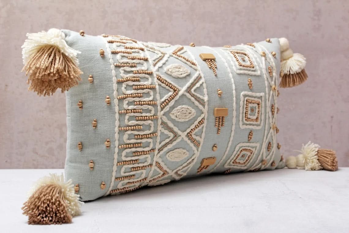 Hand Embroidered Bohemian Light Blue Lumbar Pillow