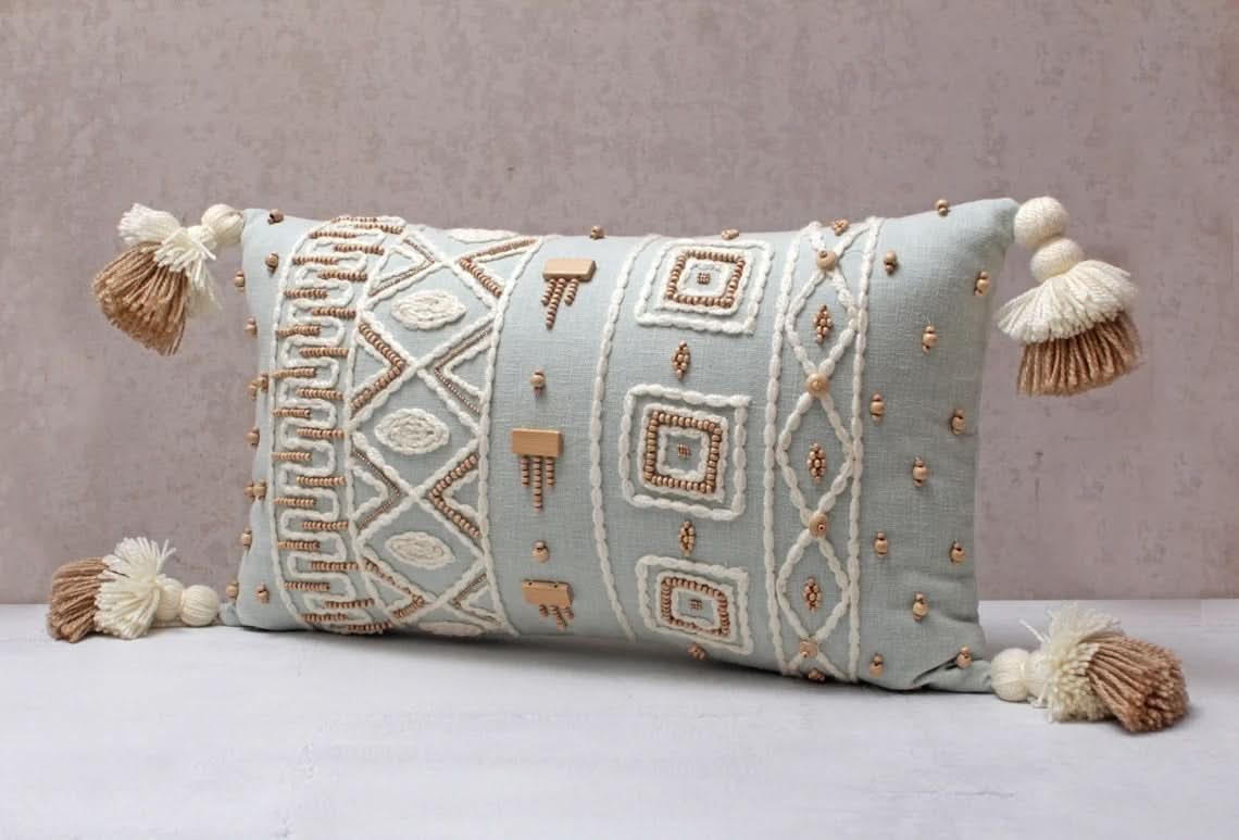 Hand Embroidered Bohemian Light Blue Lumbar Pillow