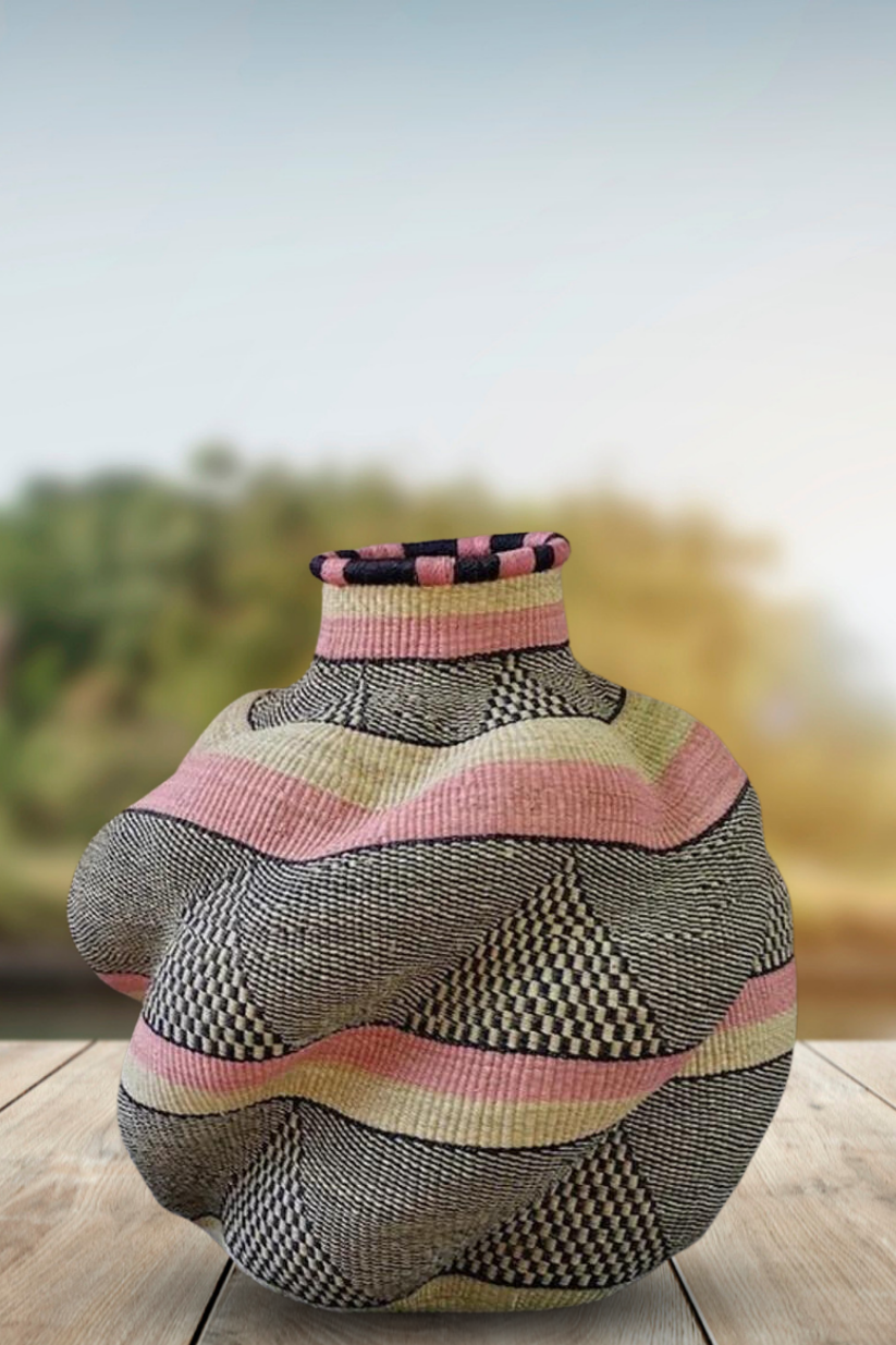 Large twist weave Tribal Ghana Basket in Beige and Baby Pink