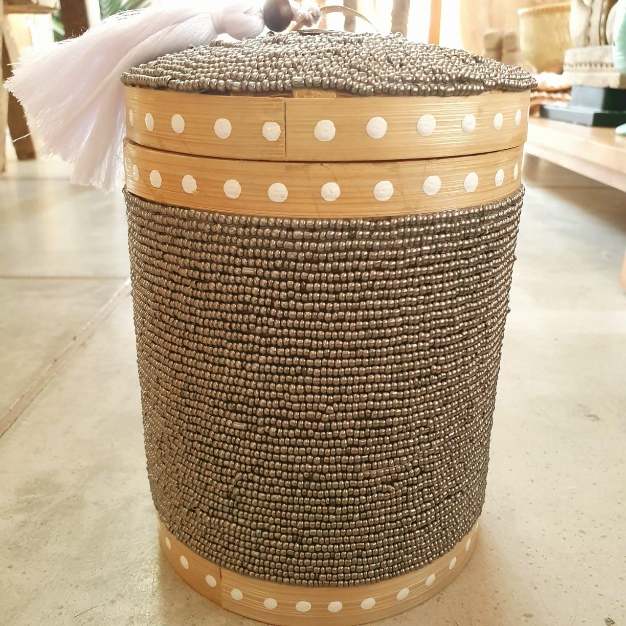 Round Beaded Medium Storage Boxes Bamboo in Silver