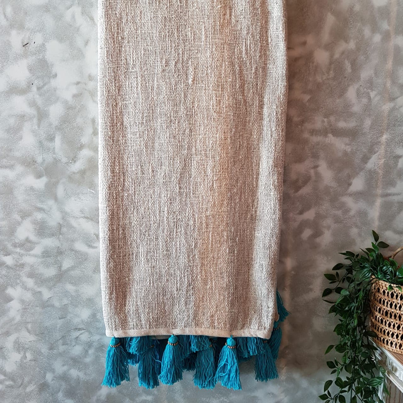 Soft Natural Throw Blanket with Turquoise Tassels