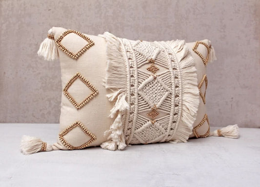 Hand Embroidered Bohemian Beige and Ivory Lumbar Pillow