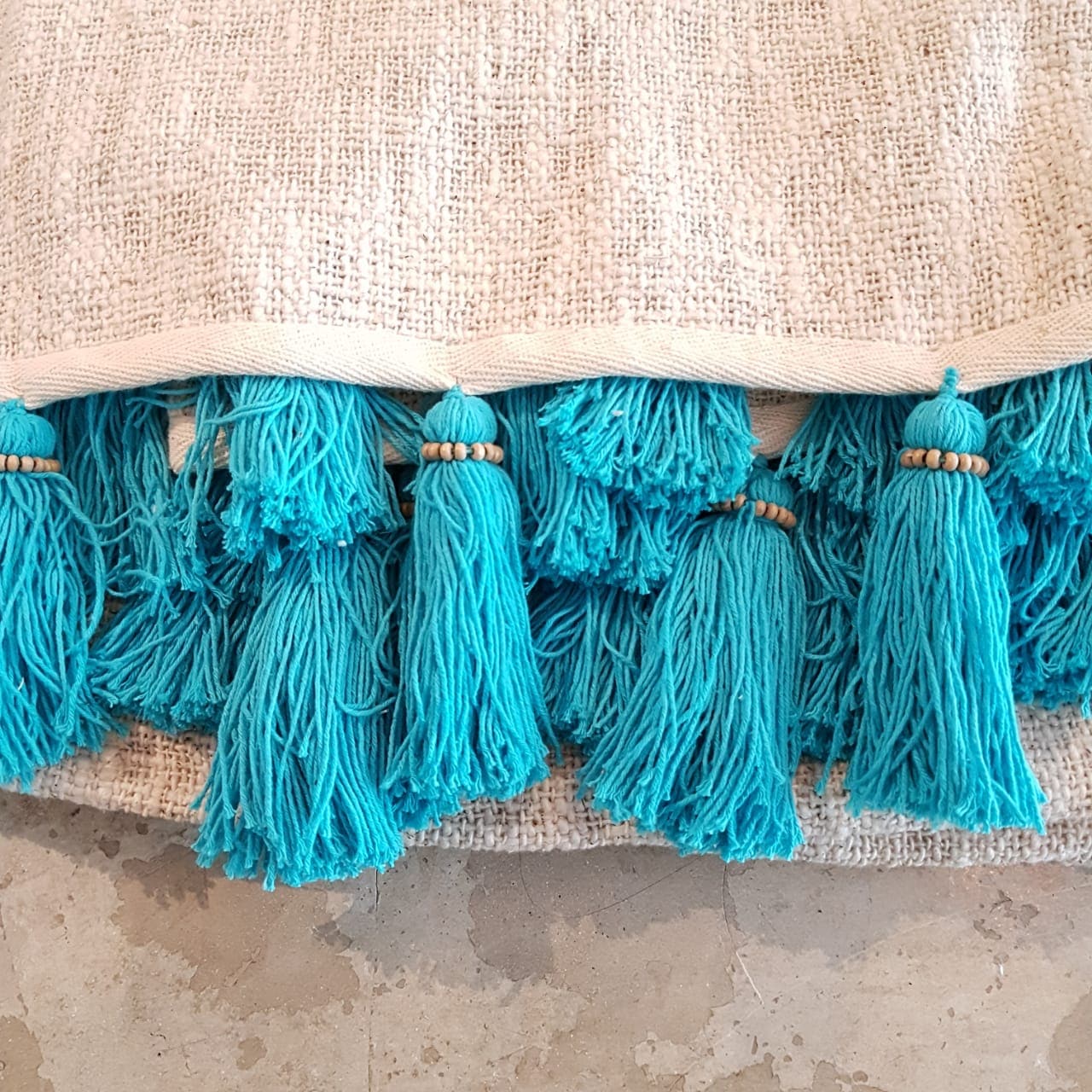 Soft Natural Throw Blanket with Turquoise Tassels