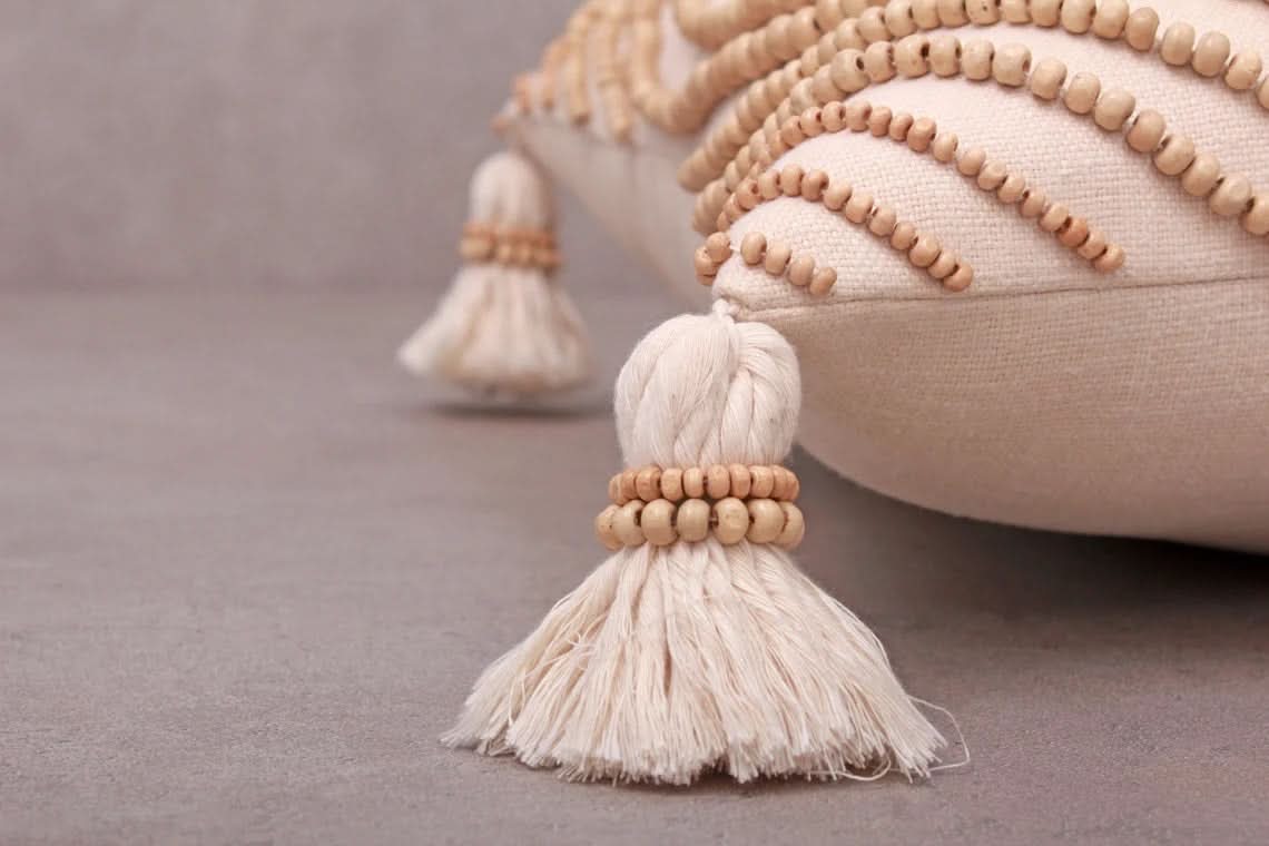 Hand Embroidered Tan Macrame Pillow