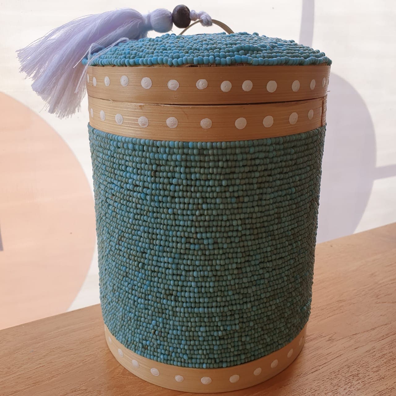 Round Beaded Medium Storage Boxes Bamboo in Blue