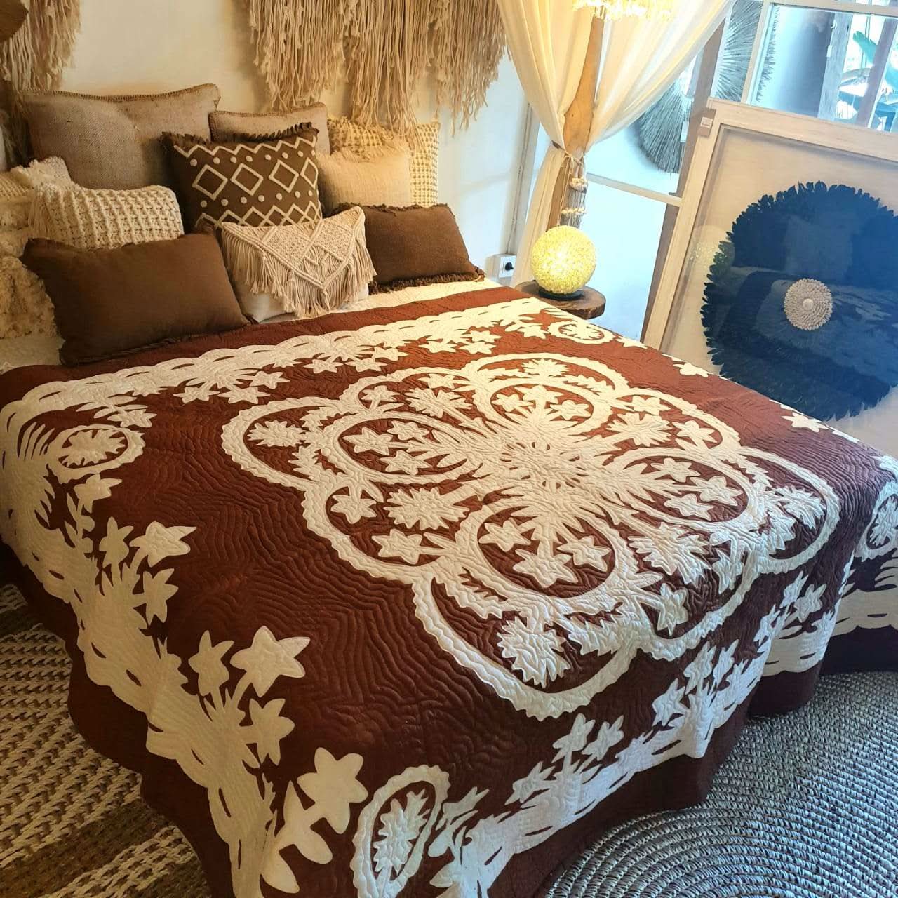 Hand Stitched Tropical Quilt Brown / White - bohemian-beach-house