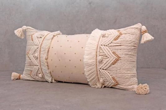 Hand Embroidered Bohemian Off White Lumbar Pillow