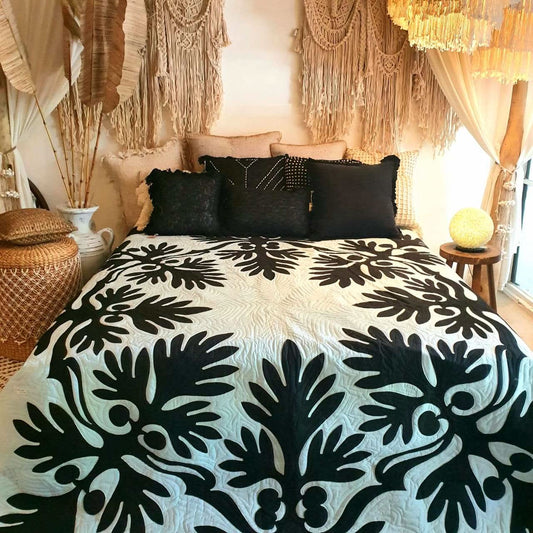 Hand Stitched Tropical Leaf Quilt Black / White , Babcock Ranch Home Decor
