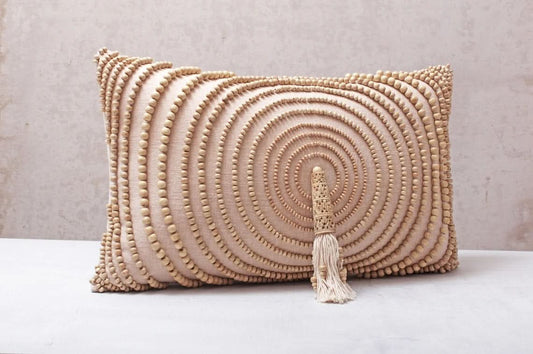 Hand Embroidered Bohemian Peach Beaded Lumbar Pillow