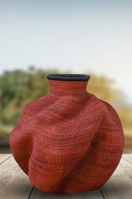 Large twist weave Tribal Ghana Basket in Deep Rust Red