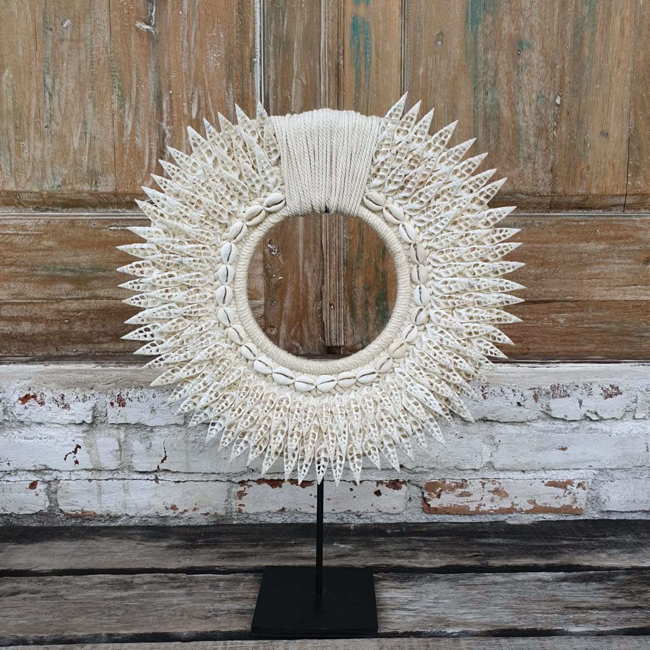 Circle cowrie and Spiral Seashell decor with stand - bohemian-beach-house