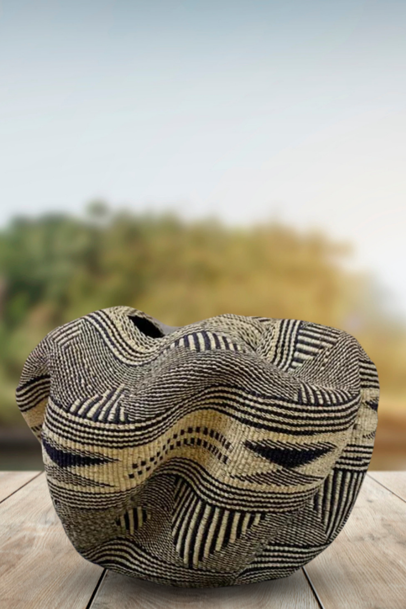 Large twist weave Ghana Basket in Black with Beige Trim