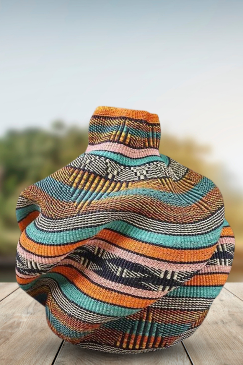 Large twist weave Ghana Basket in Orange, Pink and Aqua