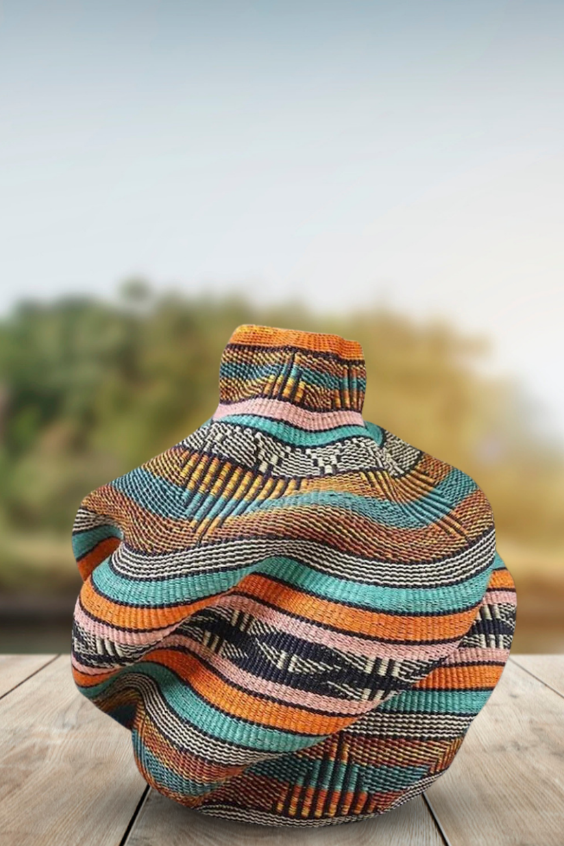Large twist weave Ghana Basket in Orange, Pink and Aqua