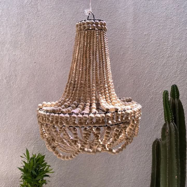 Wood Beaded Chandelier in Tan
