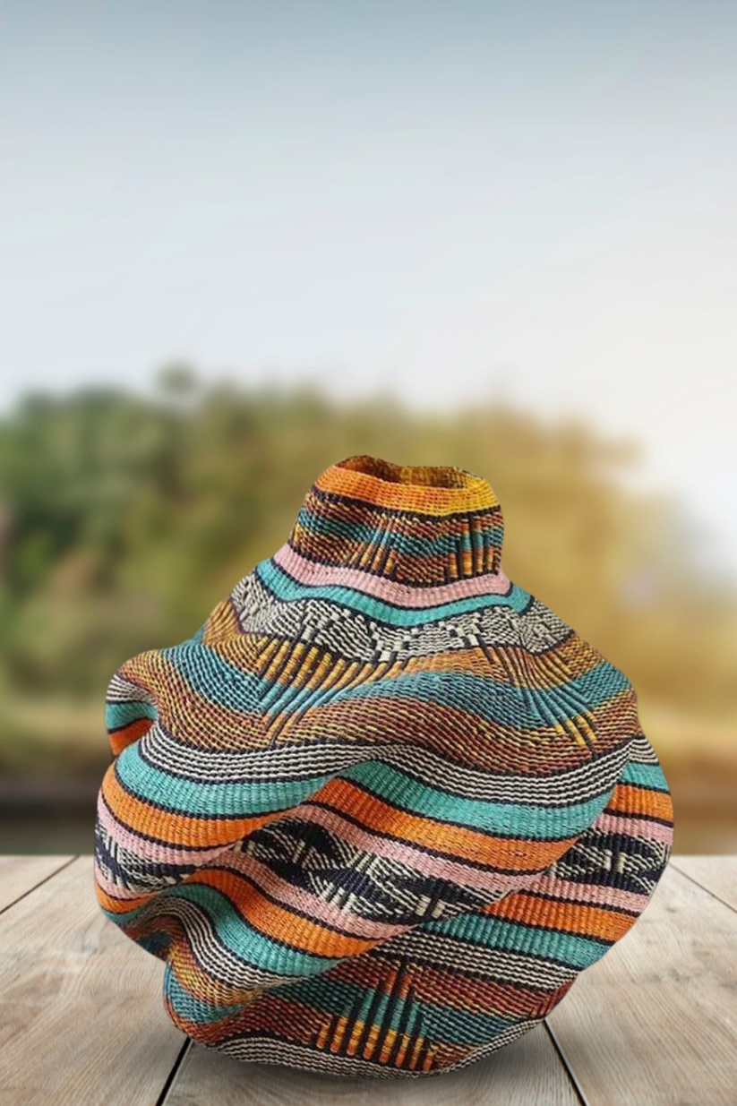 Large twist weave Ghana Basket in Orange, Pink and Aqua
