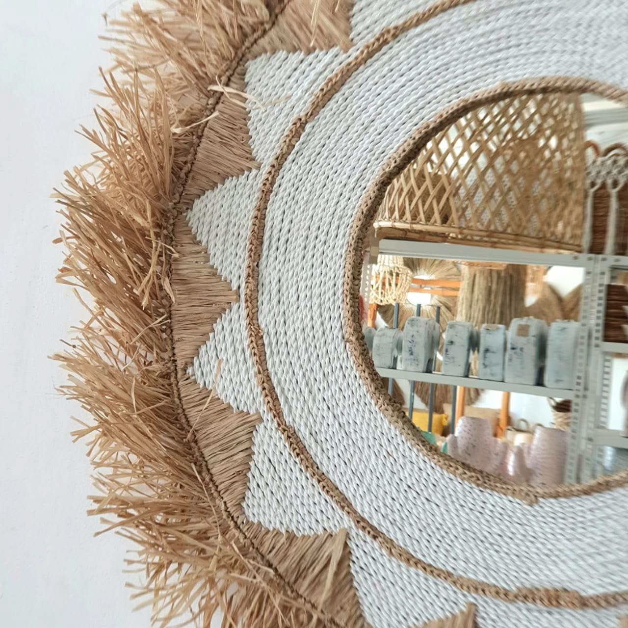 Round Raffia Mirror in Tan and White