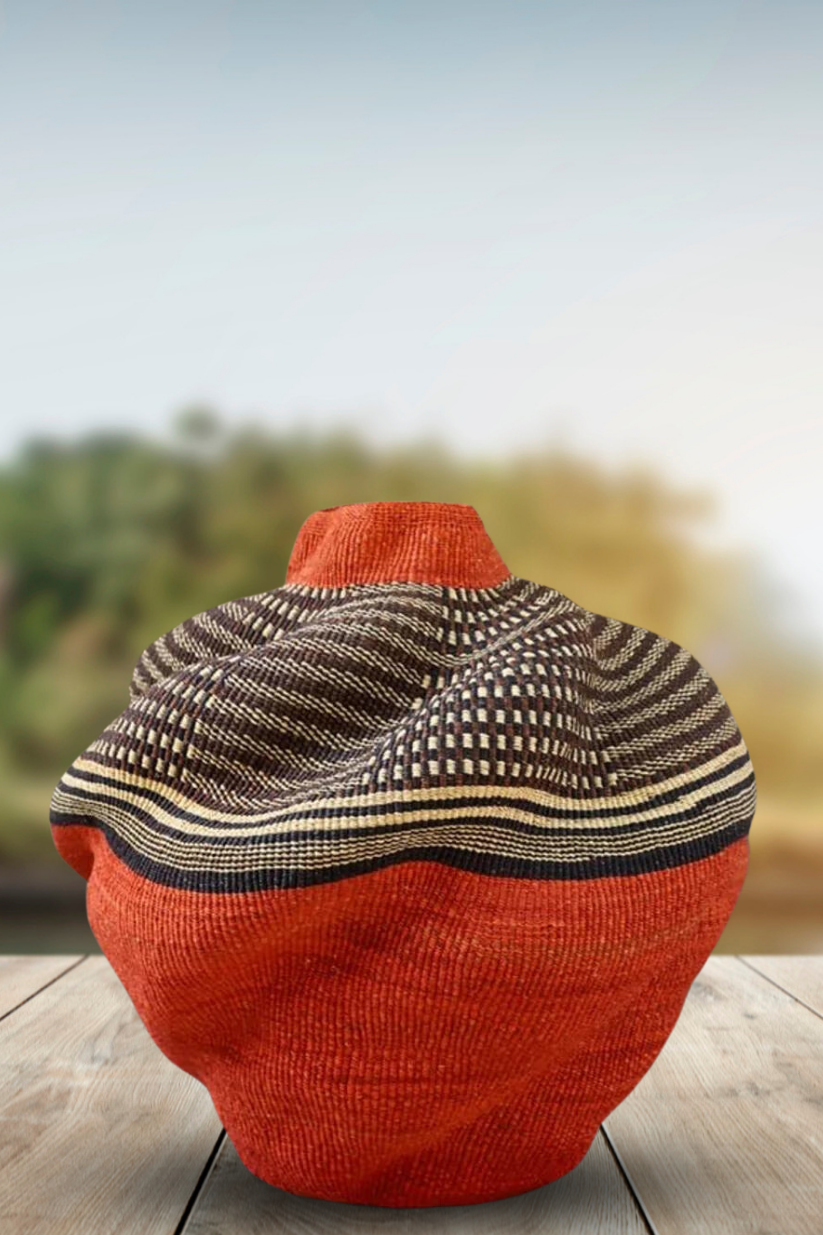 Large twist weave Tribal Ghana Basket in Deep Orange and Black