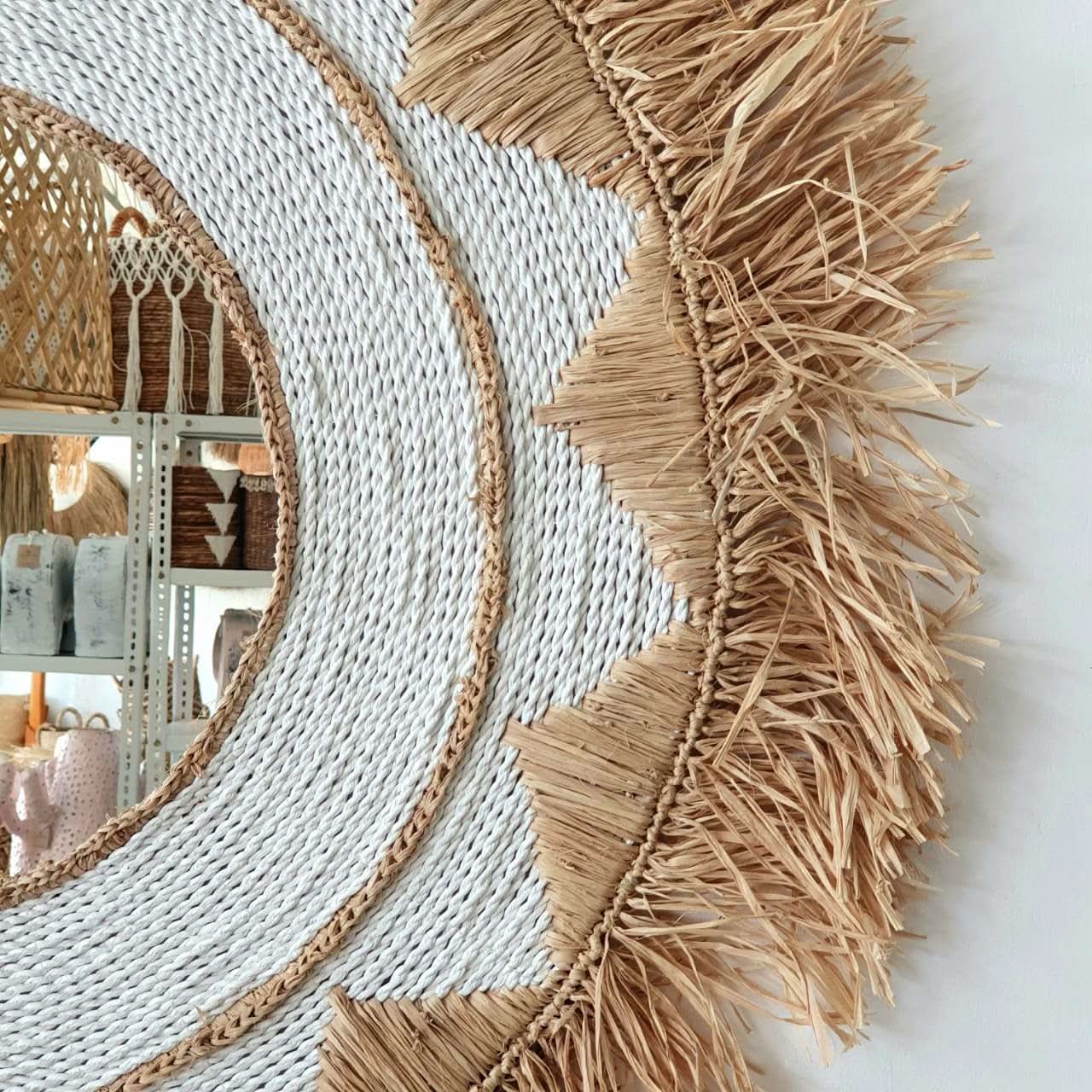 Round Raffia Mirror in Tan and White