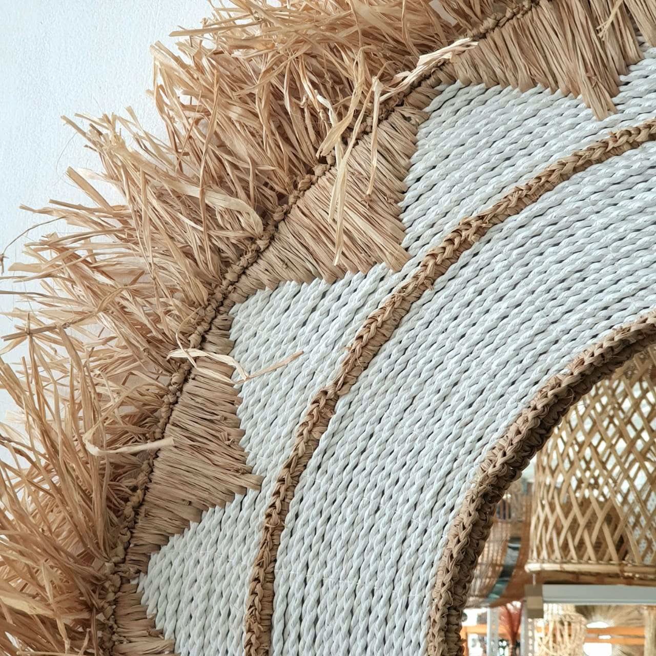 Round Raffia Mirror in Tan and White