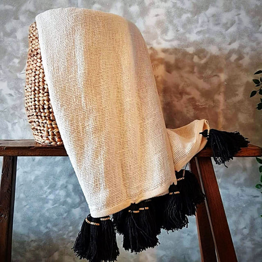 Gorgeous White Throw Blanket With Beaded Tassels - bohemian-beach-house