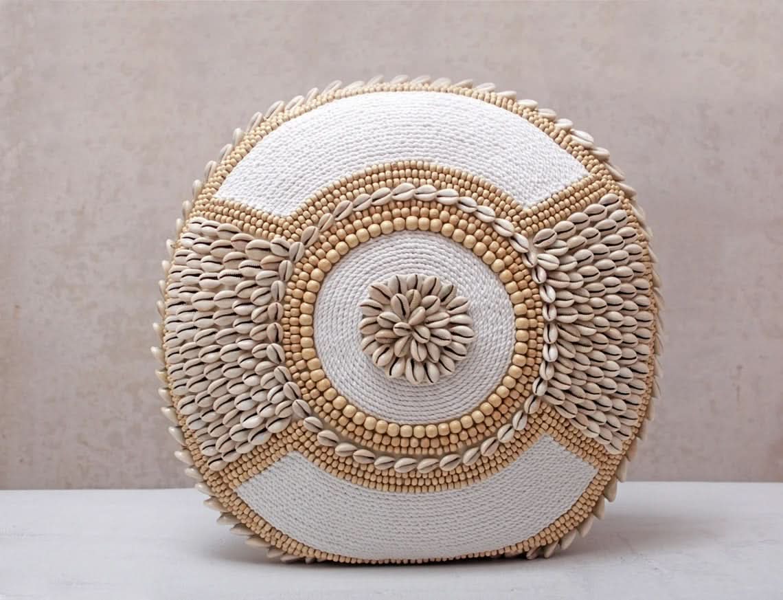 Round Cowrie Shell Embroidered Pillow