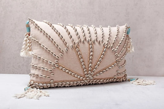 Hand Embroidered Bohemian Peach Cowrie Shell Lumbar Pillow