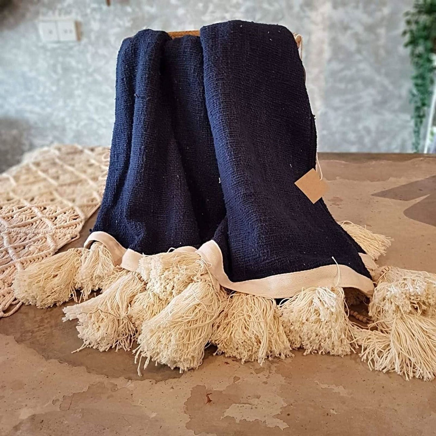 Beautiful Navy Throw Blanket With Tassels
