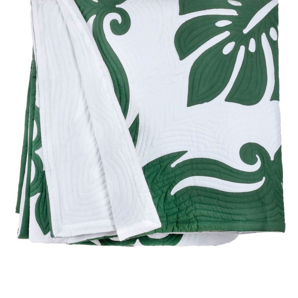 Hand Stitched Tropical Leaf Quilt Green / White