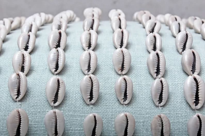 Square Light Blue Tassel Pillow with Cowrie Shells