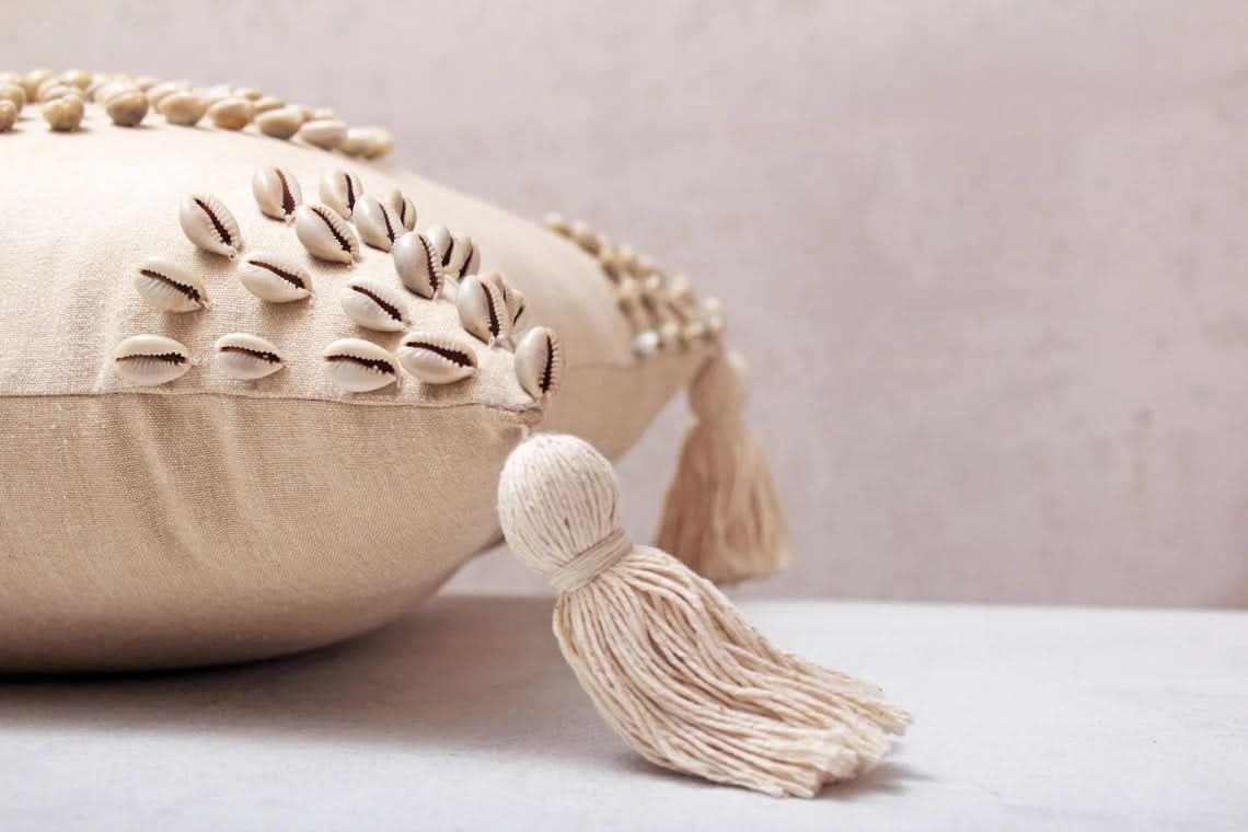Square Beaded Tassel Pillow with Cowrie Shells