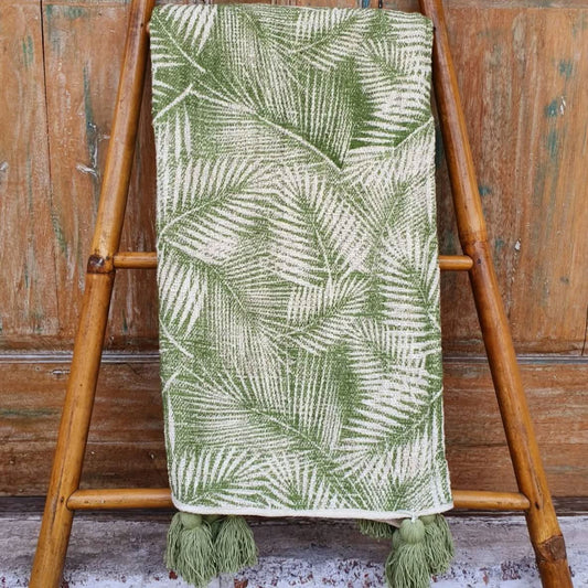 Tropical Palm Vintage Leaf Print Throw with Tassels - bohemian-beach-house