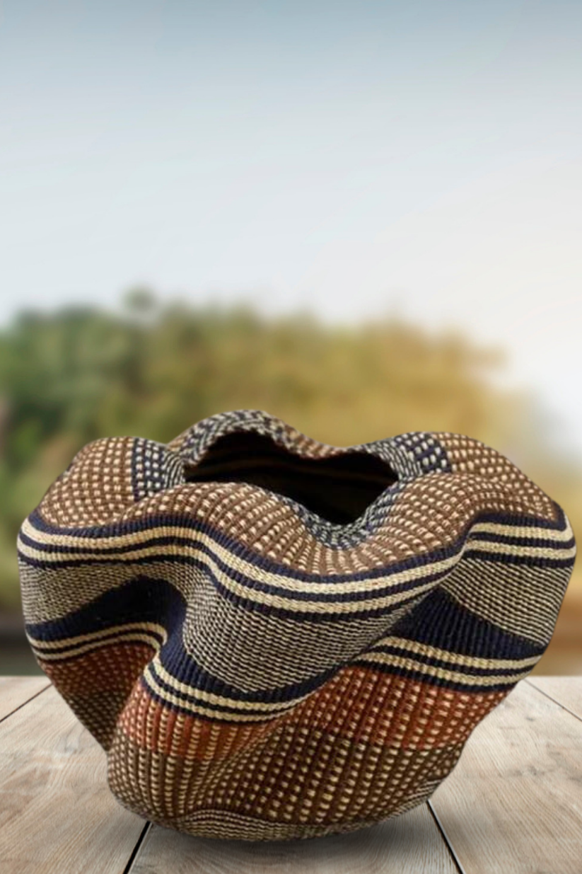 Large twist weave Ghana Basket in Rust and Midnight Blue