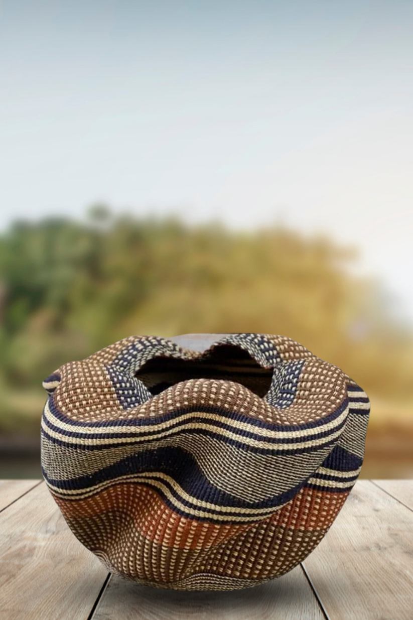 Large twist weave Ghana Basket in Rust and Midnight Blue