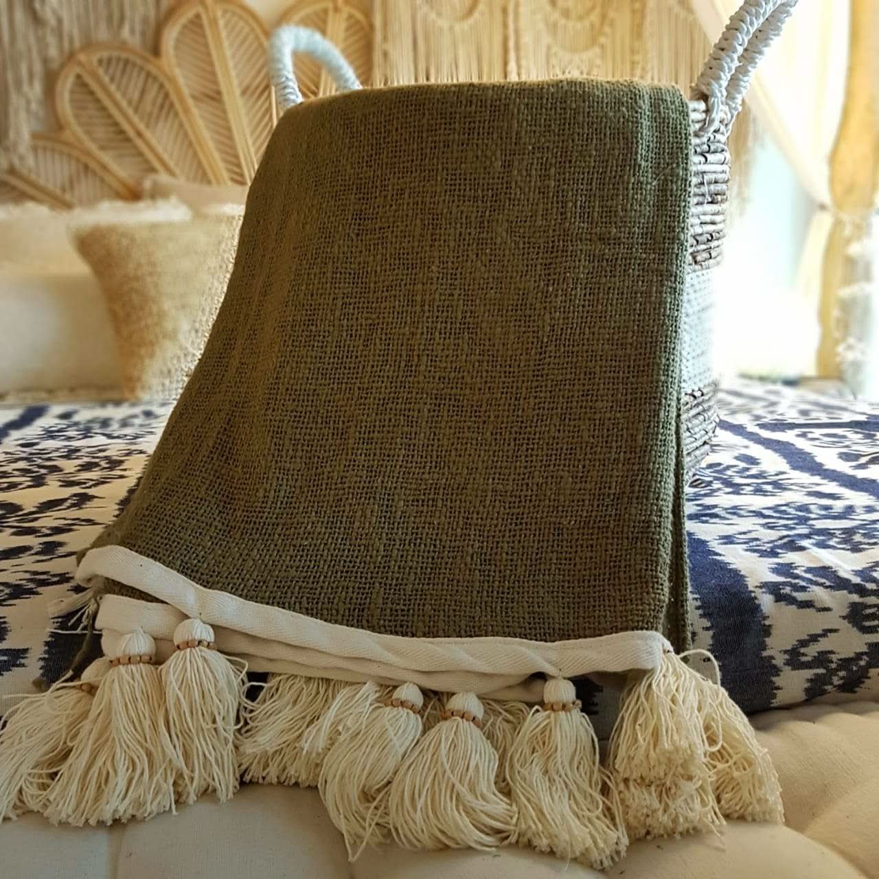 Gorgeous Forest Green Throw Blanket With Beaded Tassels - bohemian-beach-house