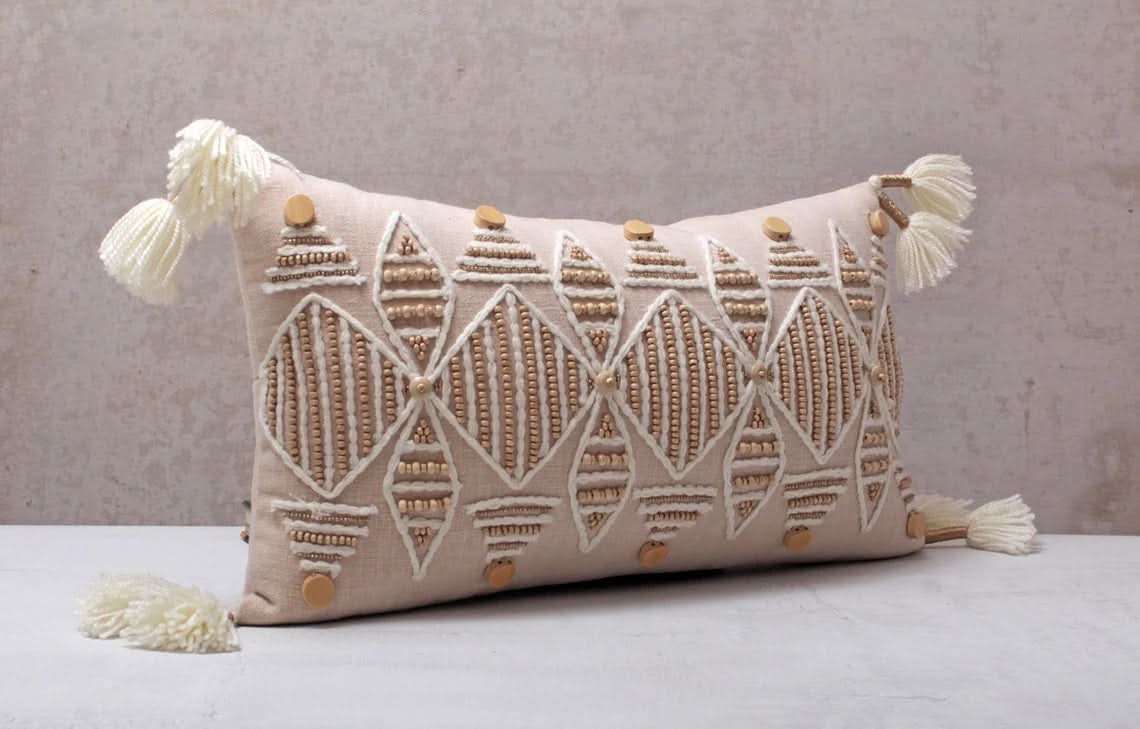 Hand Embroidered Bohemian Peach Lumbar Pillow