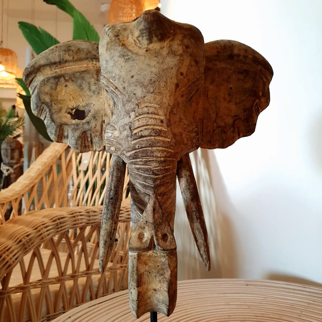 Hand Carved Good Luck Elephant on a Stand in Large