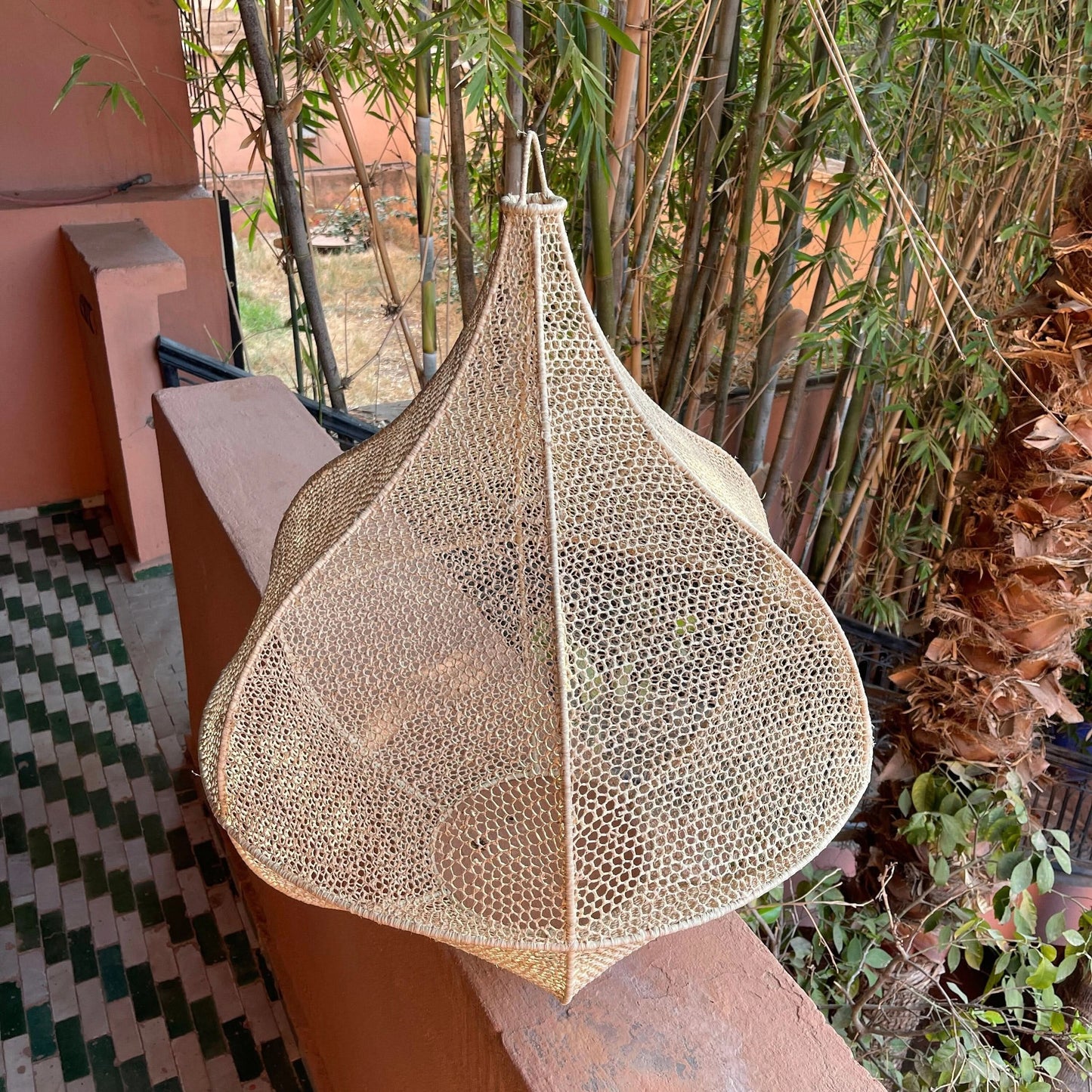Handmade Moroccan Raffia Knotted Pendant Lamp Shade in Tan Large