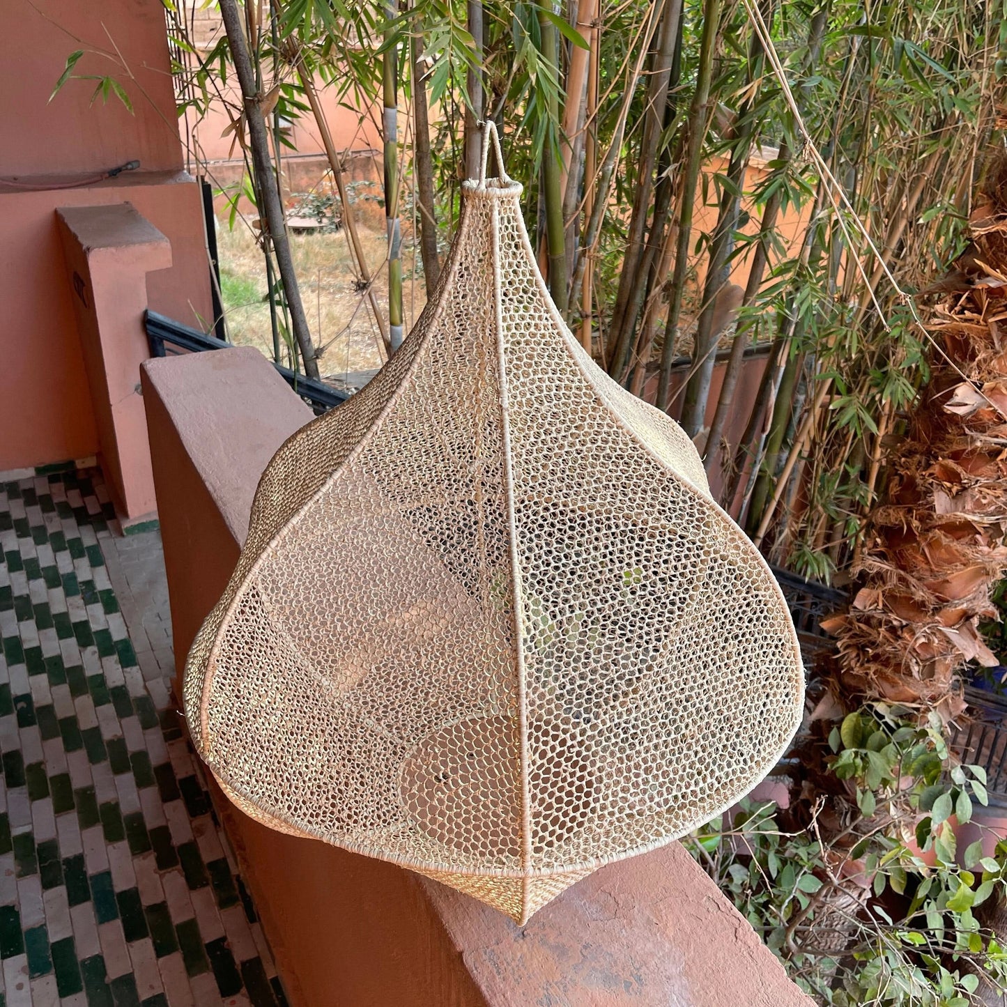 Handmade Moroccan Raffia Knotted Pendant Lamp Shade in Tan Medium