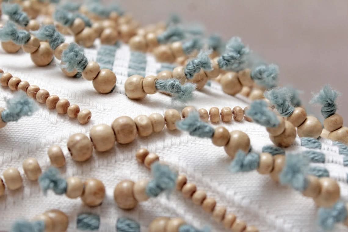 Hand Embroidered Bohemian Argyle Ivory and Blue Lumbar Pillow