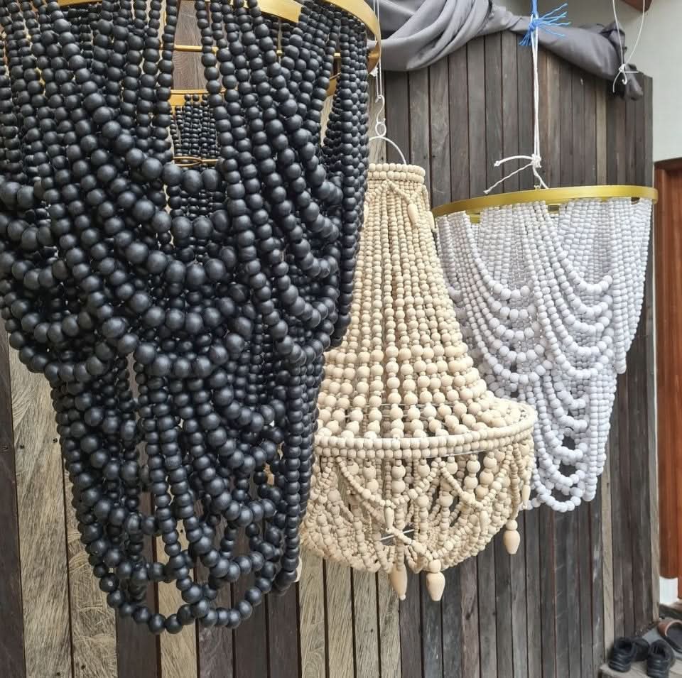 Wood Beaded Chandelier in White or Black