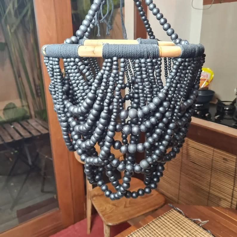 Wood Beaded Chandelier in Grey
