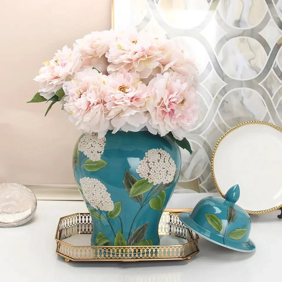 Ginger Jar Porcelain in Teal Blue Flower Print