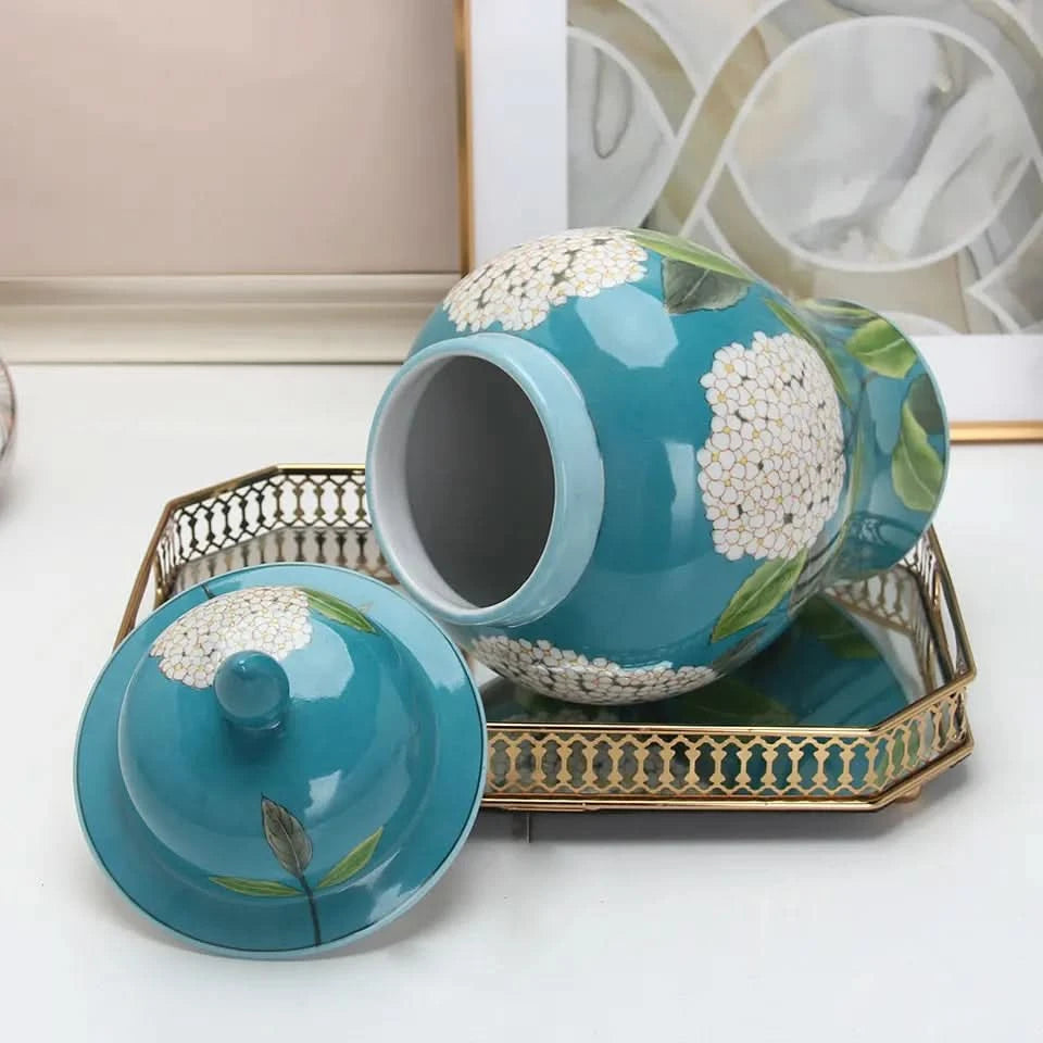 Ginger Jar Porcelain in Teal Blue Flower Print