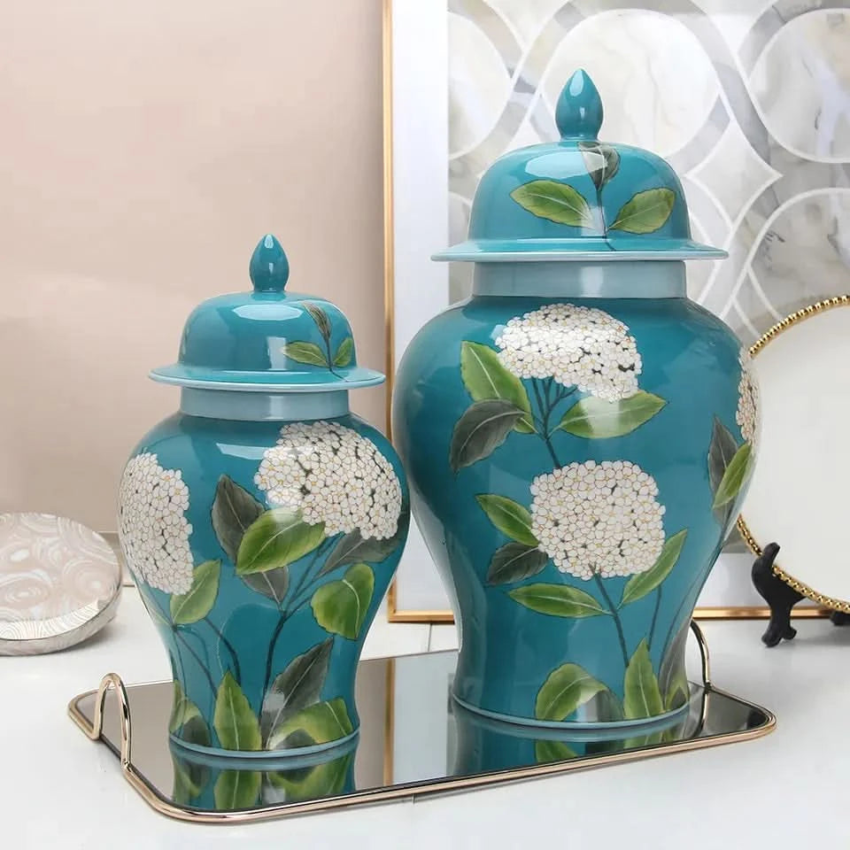 Ginger Jar Porcelain in Teal Blue Flower Print
