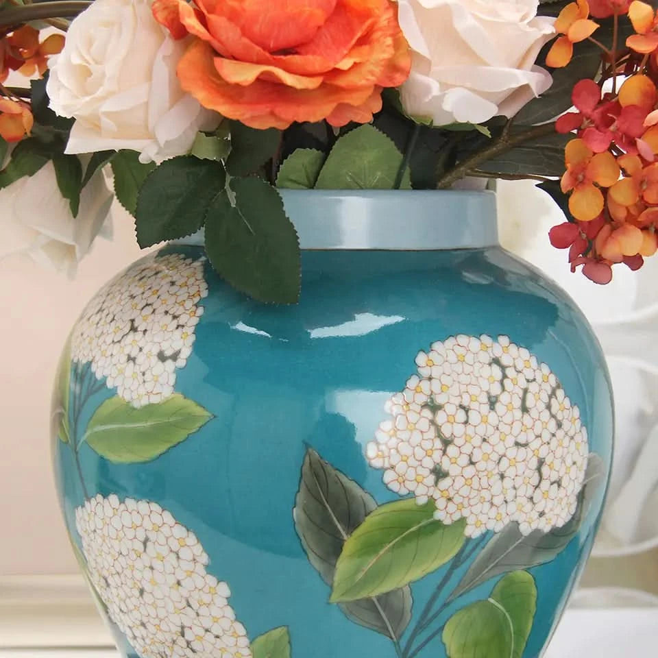 Ginger Jar Porcelain in Teal Blue Flower Print