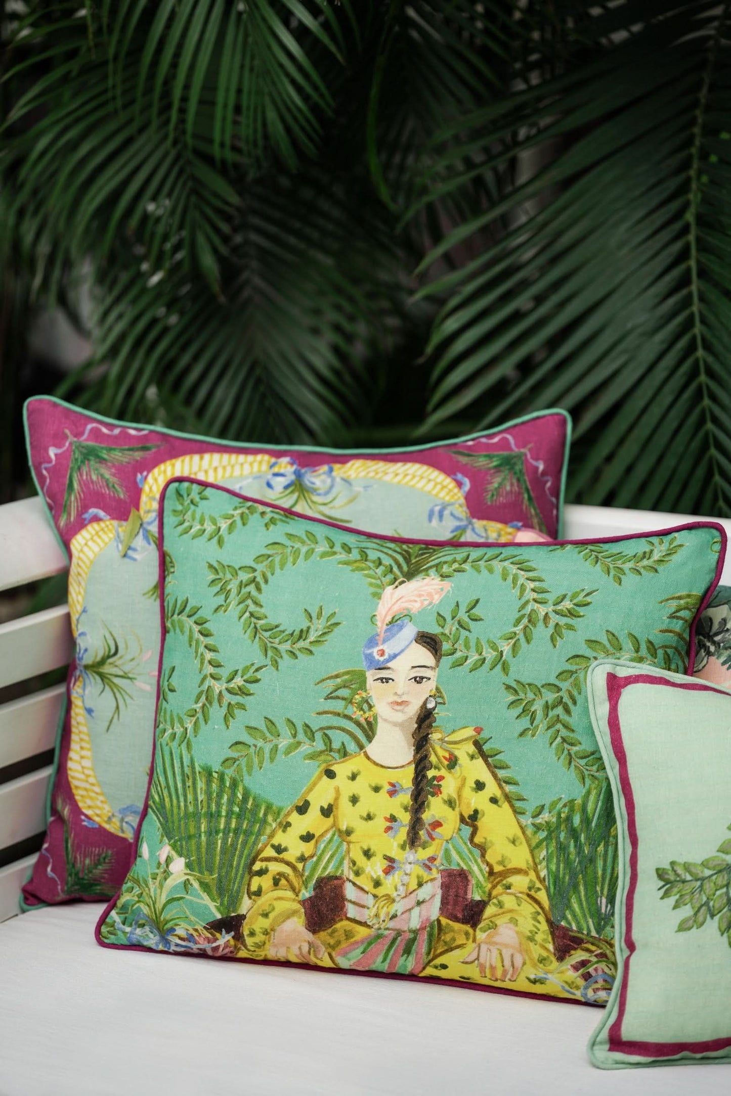 Hand Printed Indian Princess Pillow in Pink Linen